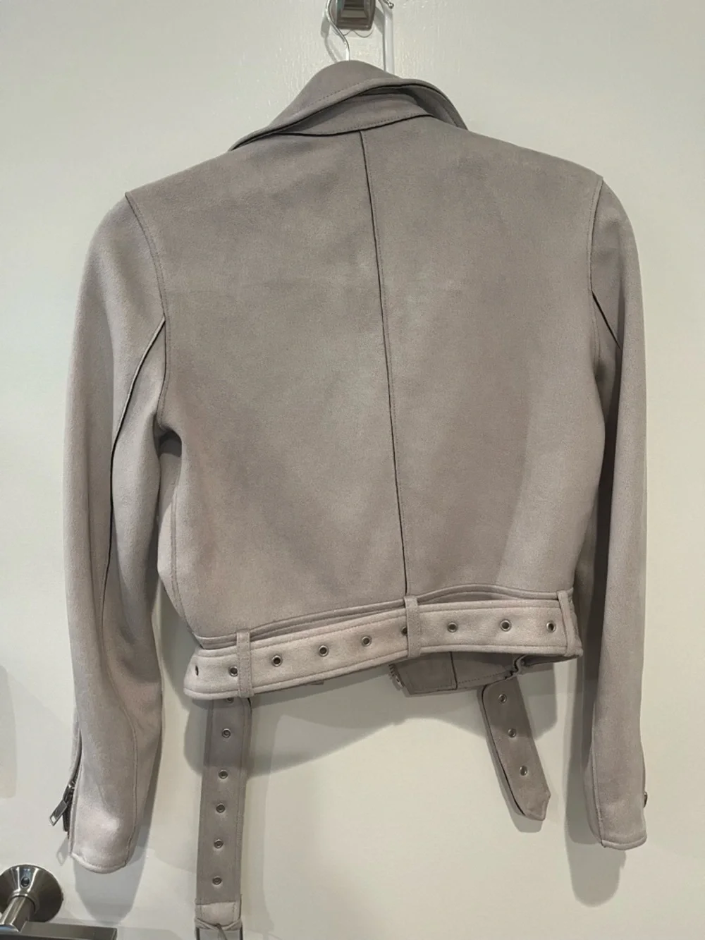ZARA Basic Faux Suede Moto Jacket XS Beige Cropped Belted - Picture 3 of 8